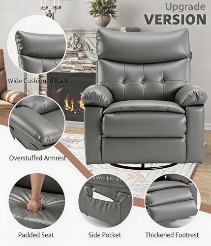 GarveeHome Oversized Leather Recliner Chair, Swivel Rocker Manual Recliner for Adults, Lazy Rocking Chair with Comfort Arms and Back Single Sofa for Living Room