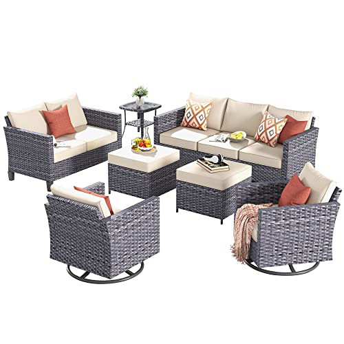 ovios Patio Furniture Set, 7 Piece Outdoor Wicker Sofa with Swivel Rocking Chairs, Loveseat and Comfy Cushions, High Back Rattan Couch Conversation Set, Beige ovios