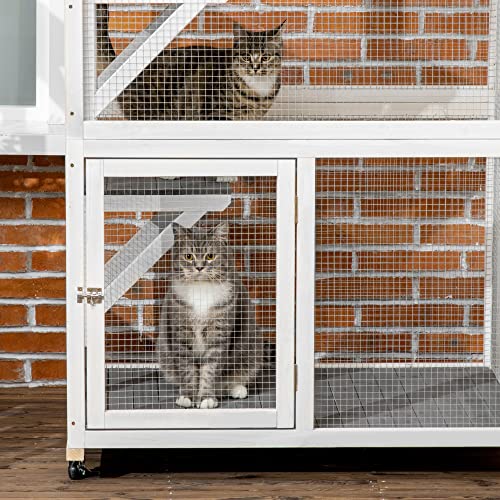 PawHut 74" Wooden Catio Outdoor Cat House Weatherproof & Wheeled, Outside Cat Enclosure with High Weight Capacity, Kitten Cage Condo, Gray PawHut