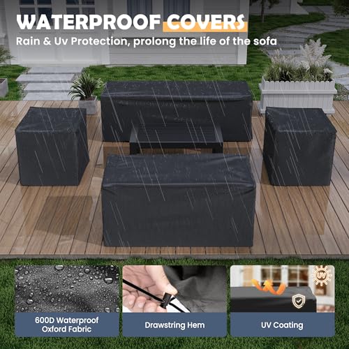 Amopatio Aluminum Patio Furniture, 8 Pieces Metal Outdoor Furniture Set, Outdoor Sectional Modern Sofa Sets with Coffee Table for Pool, Garden, Dark Grey&Blue (Included Waterproof Covers) Amopatio