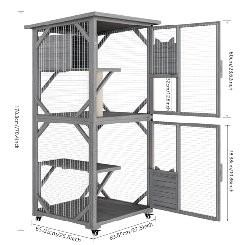 OFIKA Outdoor Catio Cat Enclosure with Waterproof Roof,Platforms,Upgraded Resting Box, 70.4’’cat Houses & Condos on Wheels for Outdoor Patio,Cat Window Box,Scratching Post(Grey0) OFIKA