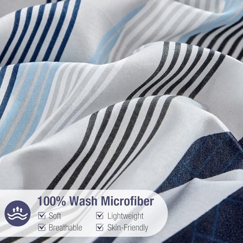 Lekesky Duvet Cover Full, 3 Pieces Blue Striped Duvet Cover Set Soft Bedding Aztec Comforter Cover Full Size with Hidden Zipper Corner Ties Lekesky