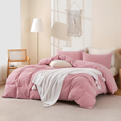 TOCOMOA Red Gingham Duvet Cover Bedding Set 100% Washed Cotton Like Linen Feel Super Soft Comfortable 3 Piece Cute Plaid Checkered Comforter Cover Set (Queen 90"x90", Comforter Not Included) TOCOMOA