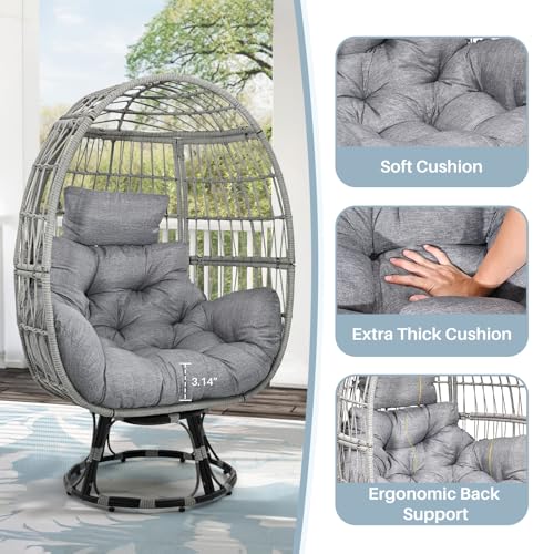Gijvbeoz Swivel Wicker Egg Chair, Oversized Indoor Outdoor Lounger for Backyard, Patio, Living Room with Cushion, Steel Frame, 330lb Capacity, Gray Gijvbeoz