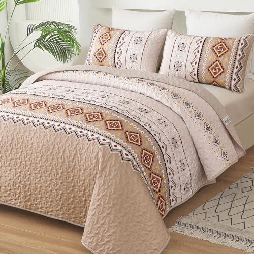 WONGS BEDDING Boho Beige Quilt Set Queen Size,Geometry Printed Bedspread Coverlet Set with 2 Pillowcases,Soft Bohemian Bedding Set Queen 96"×90" WONGS BEDDING