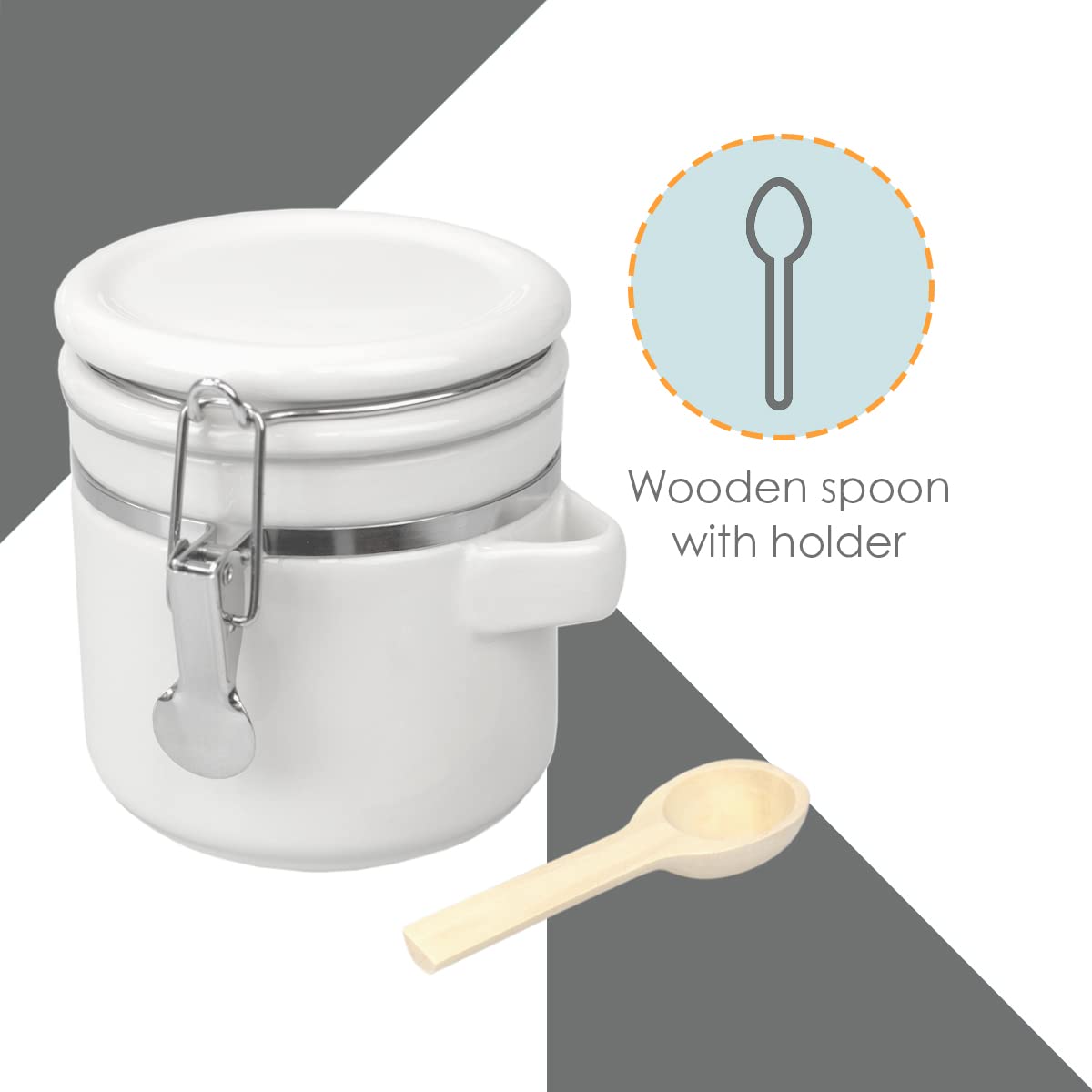 Canister Sets For The Kitchen (4 Piece Set) White, High Gloss Ceramic | By Home Basics | Decorative| With Wooden Spoons, Countertop Set For Flour, Sugar, Coffee, and Snacks Home Basics