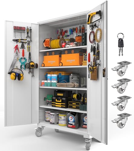 Upgraded Tall & Wide Metal Storage Cabinet with Doors & 4 Adjustable Shelves | Heavy-Duty Black Lockable Garage Cabinet with Wheels & Pegboard for Office, Gym, Basement, Warehouse (White) basenji
