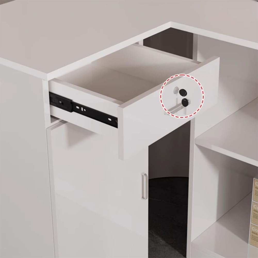 LITFAD L-Shape Reception Desk with Locker, Filing Cabinet, Manufactured Wood Checkout Counter Modern Counter for Office, Lobby, Beauty Salon, Store, White-Black - 71" L x 19.5" W x 35.5" H LITFAD