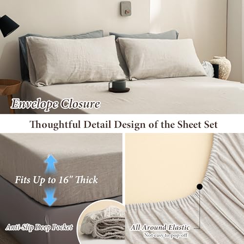 QKTE 100% Natural Linen Sheets Set 4 Piece - Washed Linen Bedding Set with 16" Deep Pocket Fitted Sheet, Flat Sheet & 2 Pillowcases, Breathable Durable for All Seasons (Linen, Queen) QKTE