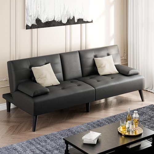 Shintenchi Futon Sofa Bed, Leather Foldable Couch, Reclining Sleeper with Removable Armrests, Upholstered Loveseat Sofa Couch with Folding Cup Holders for Home, Office(Black) Shintenchi