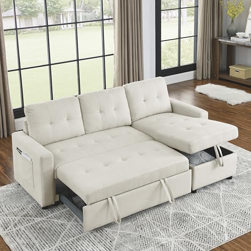 L-Shaped Reversible Sleeper Sectional Sofa Pull Out Couch Bed , Button Tufted Linen Convertible Pullout Sofabed with Storage Chaise Lounge and Detachable Cushion Back for Living Room Apartment Corner Eafurn
