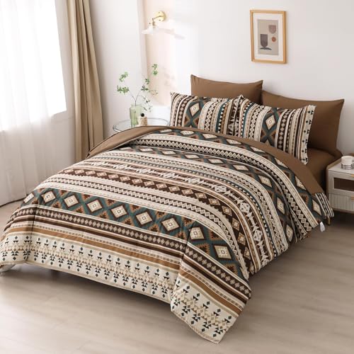 Dinjoy Brown Boho Comforter Set Queen Size,7 Pieces Bed in a Bag Queen Coffee Aztec Bedding Sets with Sheets Bohemian Geometric Striped Complete Set for Fall Winter 90"x90" Dinjoy