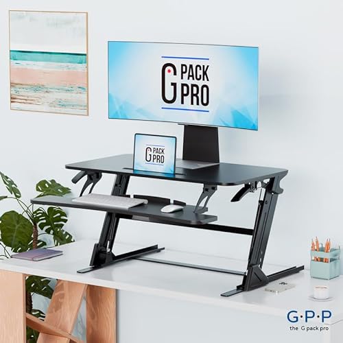 G-PACK PRO 36″ Wide Standing Desk Converter – Sit-to-Stand Workstation for Dual Monitors, Height Adjustable Up to 17.3″ with Large Keyboard Tray – Black G-PACK PRO