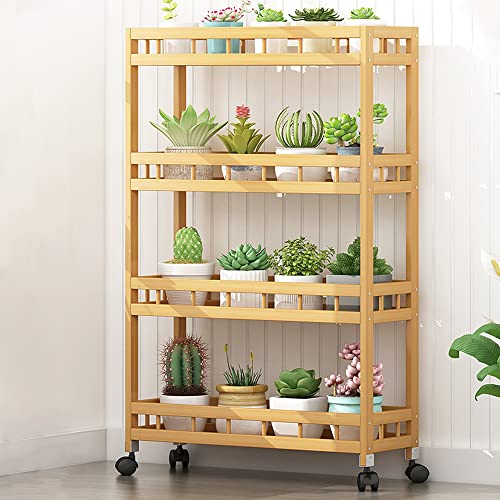 TIE-DailyNec 4-Tier Bamboo Kitchen Rolling Cart Removable Wood Trolley Island Cart, Utility Cart Multi-Layer Storage Shelf Rack on Wheels (23.6" L X 7.1" W X 37.8" H) TIE-DailyNec
