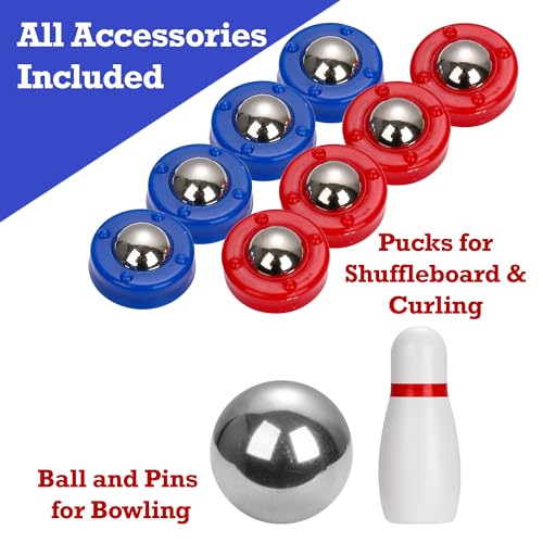 Sterling Games Tabletop Shuffleboard, Bowling and Curling 3 in 1 Combo Game Set, Two Sided Wooden Arcade Game Board with Pucks and Bowling Pins, a Table Top Game for Kids and Family STERLING