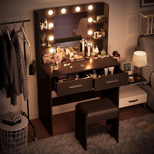 Furmax Make up Vanity Desk with Mirror and Power Outlet, Vanity with 3 Color Light Options Adjustable Brightness,Vanity Desk with 2 Drawers, 6 Storage Shelves (Black, with Bench) Furmax