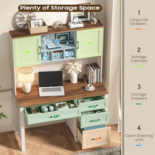Vabches Farmhouse Executive Desk with 4 Drawers and Storage Cabinet, Rustic Large Home Writing Desk with Hutch, Workstation for Bedroom, White Vabches