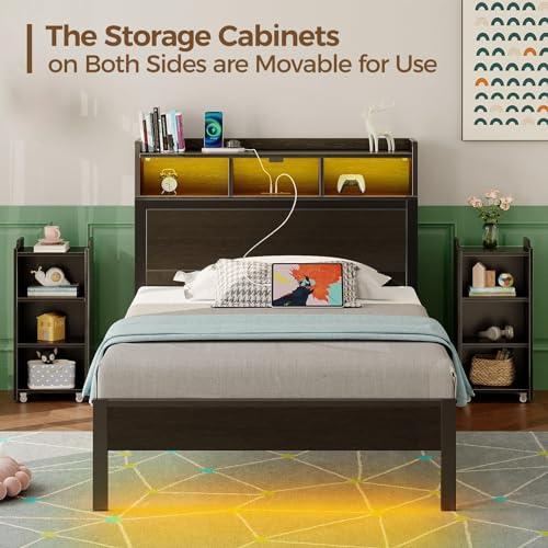 Rolanstar Twin Bed Frame with Bookcase Storage Headboard, Slide Out Bedside Storage, Bed with Charging Station & LED Lights, Heavy Duty Metal Slats, No Box Spring Needed, Noise Free, Black Rolanstar
