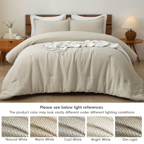 PHF Ultra Soft Waffle Weave Comforter Set King Size, 3 Pieces Lightweight Breathable Comfy Bedding Set, Comfy Textured 1 Comforter with 2 Pillow Shams, Linen PHF