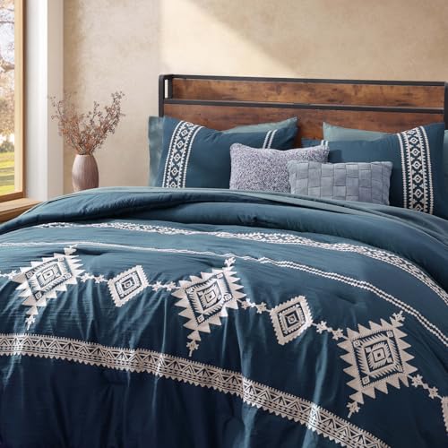 MaiRêve Embroidery Queen Size Comforter Set Navy Blue, Boho Farmhouse Western Bedding Set 7 Pieces, All Season Bed in A Bag Comforter Set with Sheets, Pillowcases & Shams MaiRêve
