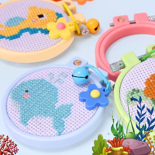 Caydo 6 Pieces Sea Animal Cross Stitch Kit for Kids with Stamped Aida Cloth, Embroidery Hoops, Keychains, Embroidery Tools and Instructions for Beginners DIY Craft Ornament