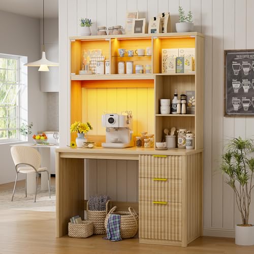 FREDEES LED Study Desk with Hutch, Home Office Desk with Charging Station & Storage Drawer, 70'H Writing Table with Glass Display Cabinet, 3 Color Light Computer Desks for Study, Wood FREDEES