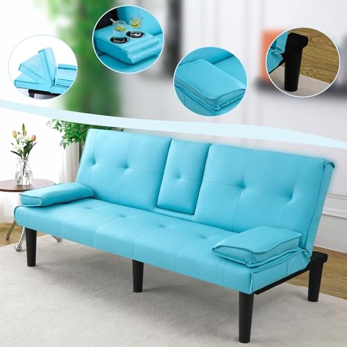 67"Modern Futon Sofa Bed,Convertible 3 in 1 Sleeper Bed Couches with Adjustable Backrest,Cup Holders,Comfy PU Leather Recliner Sofa Loveseat with Chrome Legs for Small Home Living Room (Blue) Majnesvon