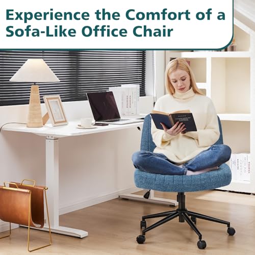 OLIXIS Criss Cross Chair with Wheels Wide Cross Legged Office Desk Vanity Chair Comfy Fabric Armless Adjustable Swivel for Home Computer Task Blue OLIXIS