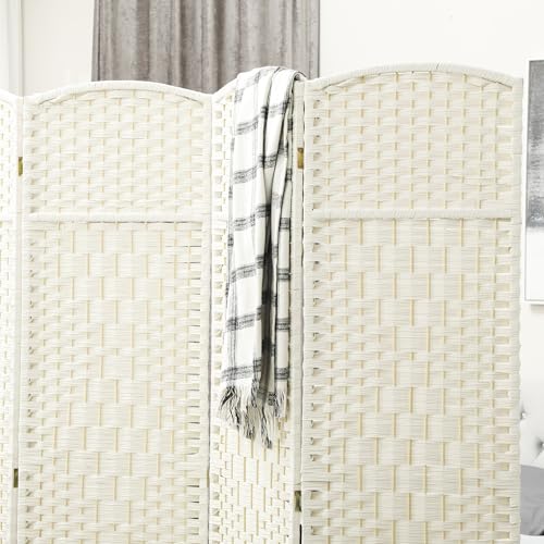 HOMCOM 4 Panel Room Divider, 6' Tall Folding Privacy Screen, Woven Freestanding Wall Partition for Home Office, Bedroom, White HOMCOM