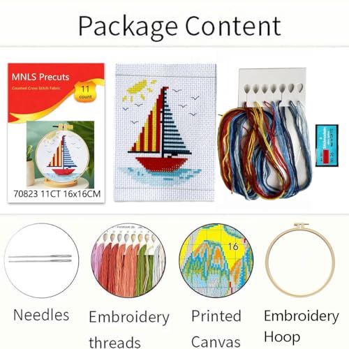 Zhenqing Sailboat Cross Stitch Kit for Beginners with Hoop, 14CT Striped Boat Design, 16x16cm Nautical Embroidery Set (70823)