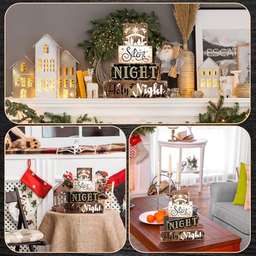 Moucuny 4 Pcs Christmas Nativity Tabletop Decor Nativity Scene Wooden Block Silent Holy Night Sign Christmas Tiered Tray Decor Centerpieces Farmhouse Table Decor for Home Mantle Table Moucuny