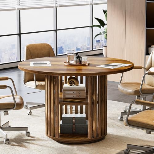 Tribesigns 47-Inch Round Conference Table for 4, Wooden Small Meeting Room Table with Storage Shelf and Solid Wood Base for Office, Conference Room, Brown Tribesigns