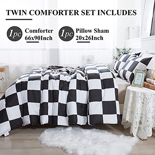 Andency Checkered Comforter Twin(66x90Inch), Black White Plaid Gingham Bed Set for Teen Boys Kids, Lightweight Microfiber Geometric Preppy Bedding, 2 Pieces Andency
