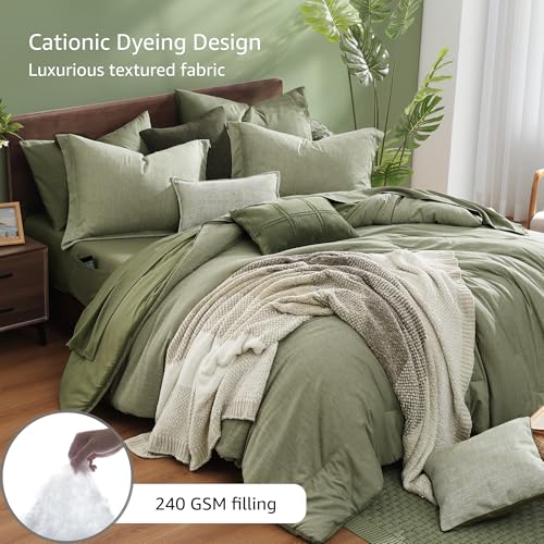Monbix Queen Comforter Set - 7 Pieces Cationic Dyeing Sage Green Bed in a Bag Queen Bedding Sets with Comforter, Sheets, Pillowcases & Shams, Reversible Bedding Comforters Sets Monbix