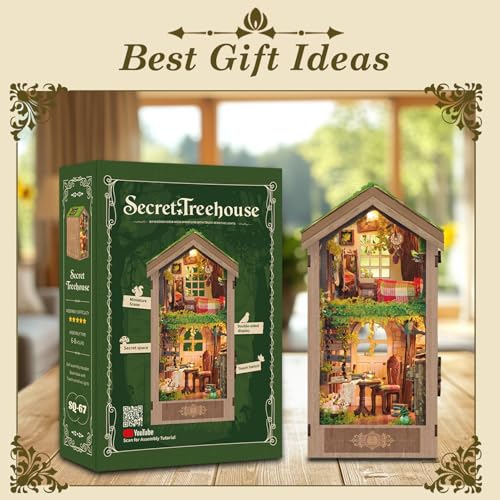 DIY Book Nook Kits for Adults,3D Miniature House Dollhouse with LED,The Secret Treehouse Wooden Bookshelf Insert Booknook,Gifts for Family Friends