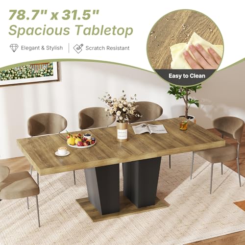 Zevemomo 63"-78.7" Expandable Dining Table, 6-10 Rectangle Table, Extendable Console Table, Wooden Farmhouse Kitchen Table with Metal Track & Dual Column Base for Living, Office-Brown Zevemomo