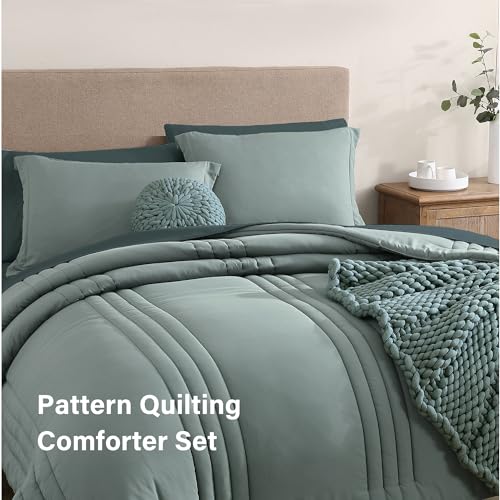 Monbix Full Size Comforter Sets - 7 Pieces Sage Green Bed in a Bag Full Size Bedding Sets with Comforter, Sheets, Pillowcases & Shams Monbix