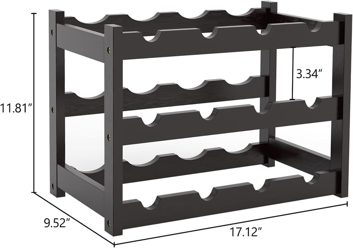 FoverOne Bamboo Wine Rack Countertop, 3-Tier 12 Bottles Wine Storage Shelf for Kitchen Pantry Cabinet - Dark Brown FoverOne
