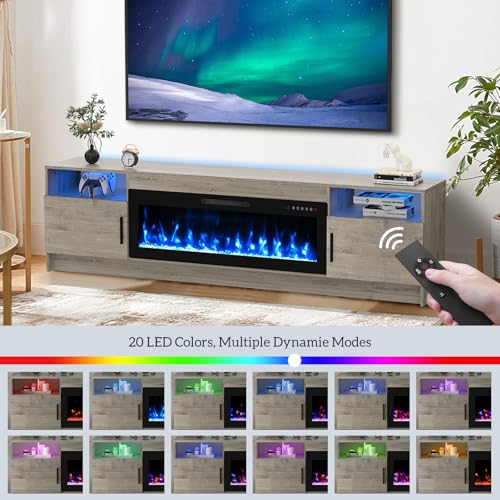 BREEZEHEAT Electric Fireplace TV Stand with 42 inch Fireplace Up to 90" TVs-Led Entertainment Center, High Glossy Doors-80 inch TV Cabinet,Modern Media Console for Living Room (Oak Grey) BREEZEHEAT