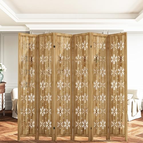 Casaphoria 6 Panels Room Divider, Folding Screen Room Divider with Snowflake Pattern for Home Office, Restaurant and Bedroom, Paulownia Wood, 95" W x 67" H (Natural) Casaphoria