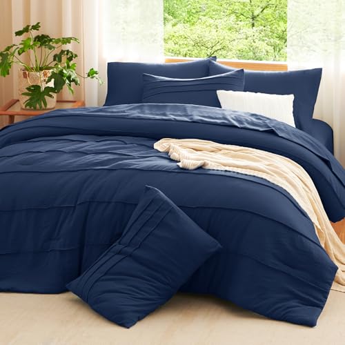 CozyLux Full Size Comforter Sets Navy Blue, 7 Pieces Soft Pinch Pleat Bed in a Bag Full Comforter Set with Sheets, Boho Bed Set with Down Alternative Comforter, Sheets, Pillowcases & Shams CozyLux