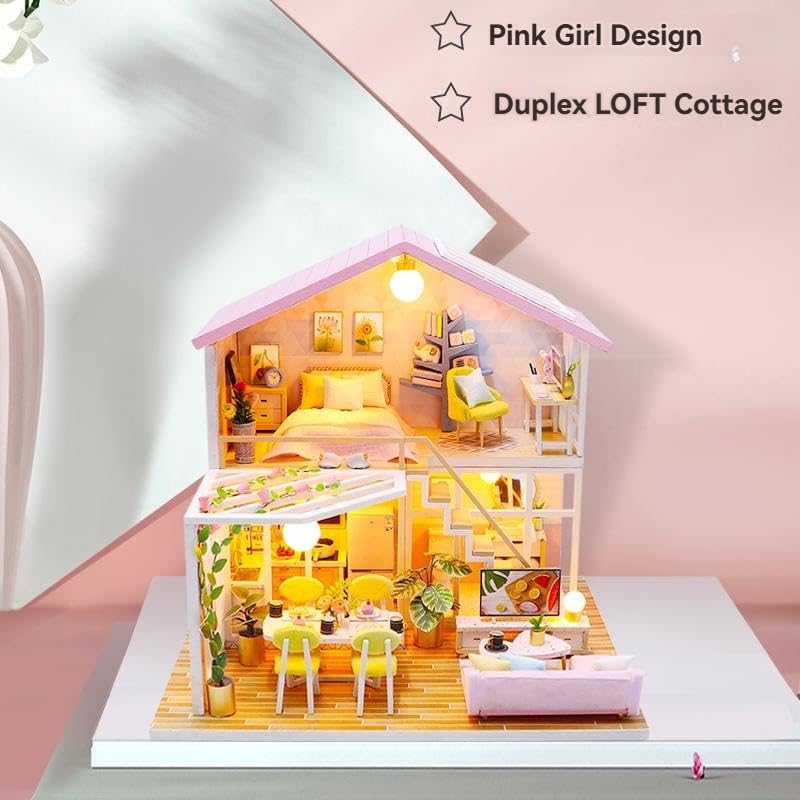 OZJAY DIY Miniature House Kit, Mini House Building Kit with LED & Furniture, DIY Wooden Dollhouse Miniature Kit for Adults Teen, Wooden Crafts Lovely Dollhouse Kit, Sweet Time OZJAY