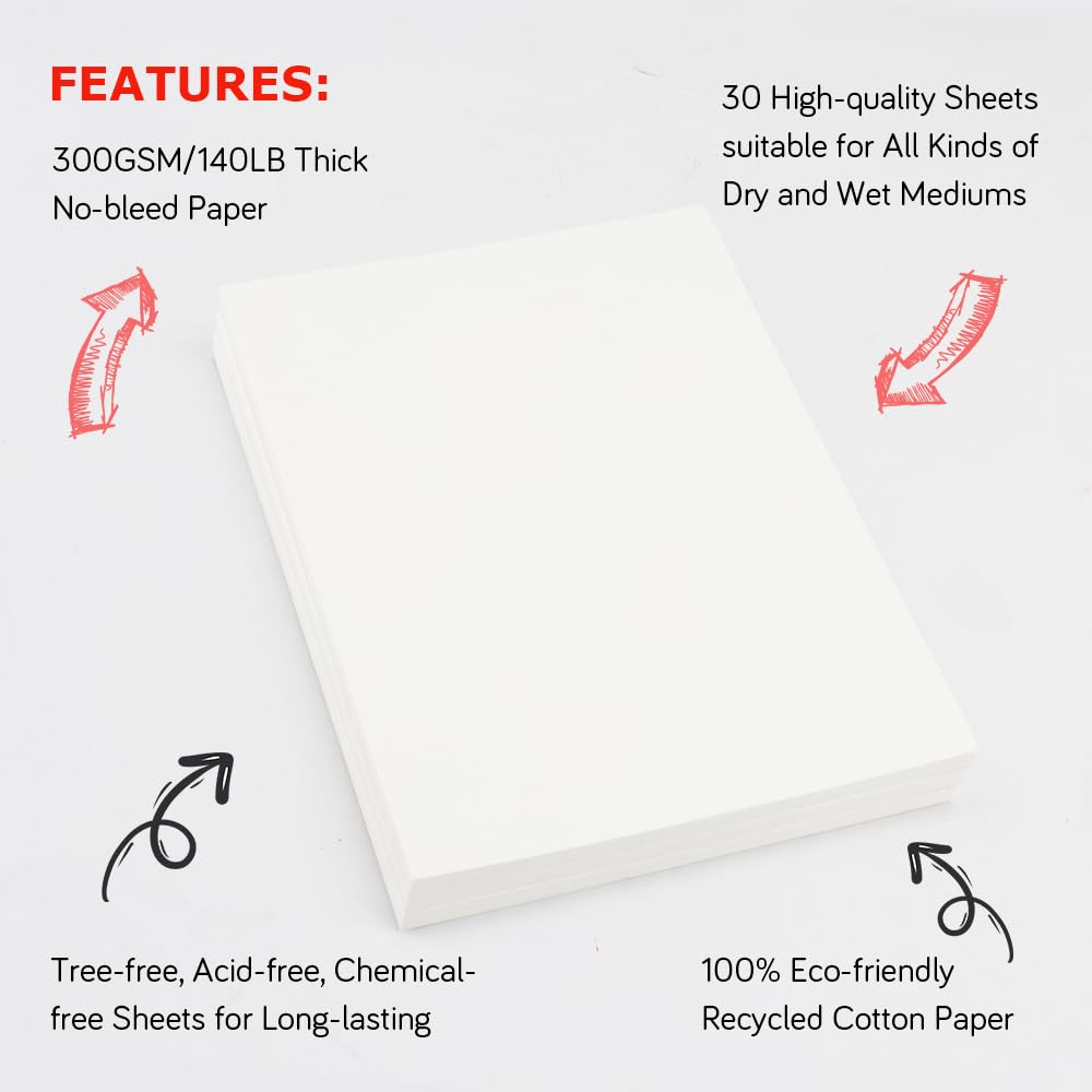 Watercolor Paper Water Color Paper 9x12 inches 140lb/300gsm 30 Sheets White Construction Paper Art Paper Drawing Paper Bulk Mixed Media Sketchbook for Drawing Water Colors Paint Adult Cotton Paper OALCQ
