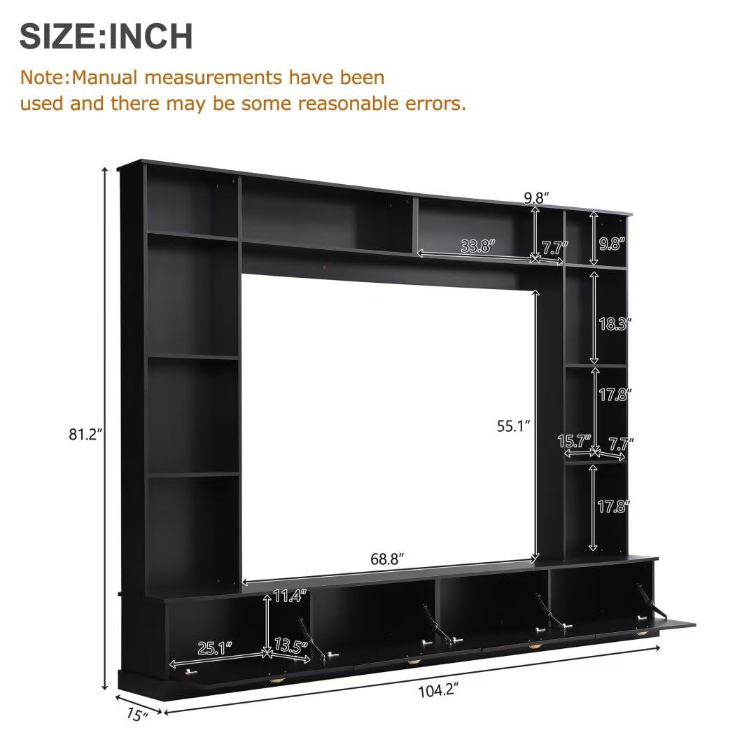 JIJIWANG Large Wall Unit Entertainment Center with Bookshelves for TVs Up to 78'', Modern TV Console with Cabinets and Open Shelves, 4-in-1 TV Stand with Golden Handles, Black, 104.2''W*81.2''H JIJIWANG