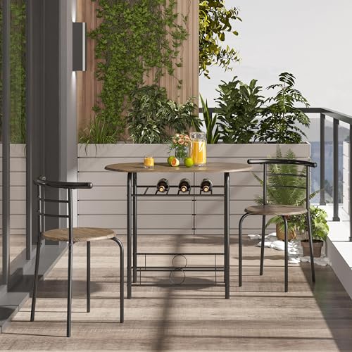 Yaheetech 3 Piece Dining Table Set, Kitchen Table & Chair Sets for 2, Compact Bistro Table Set with Steel Legs, Built-in Wine Rack for Small Space, Apartment, Breakfast Nook, Drift Brown Yaheetech