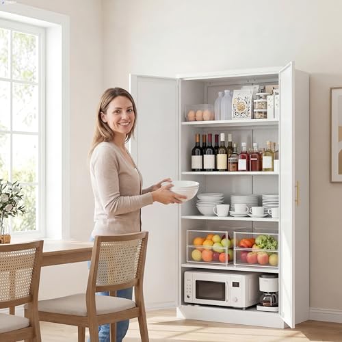 CJF White Kitchen Pantry Cabinet,71 Inch Tall Metal Storage Cabinet with 4 Adjustable Shelves and Doors, Freestanding Pantry Cabinet for Kitchen, Living Room, Dining Room, Bathroom, Easy to Assemble CJF