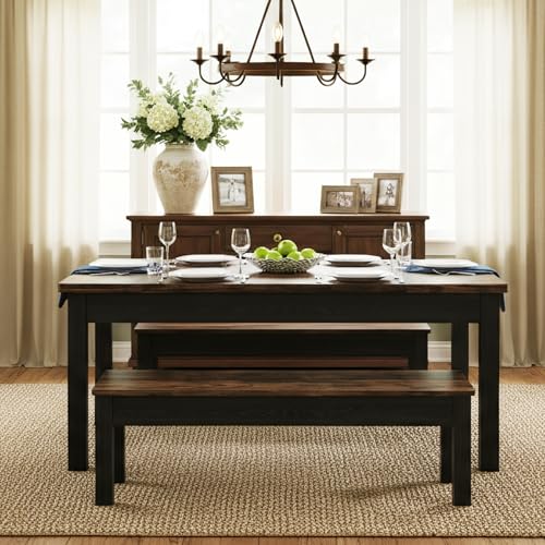 Tribesigns 55-Inch Kitchen Table Set for 4-6 People, Farmhouse Space Saving Dining Table with 2 Benches, 3 Pieces Wooden Dinette Set for Small Space, Breakfast Nook, Restaurant (Black and Brown) Tribesigns