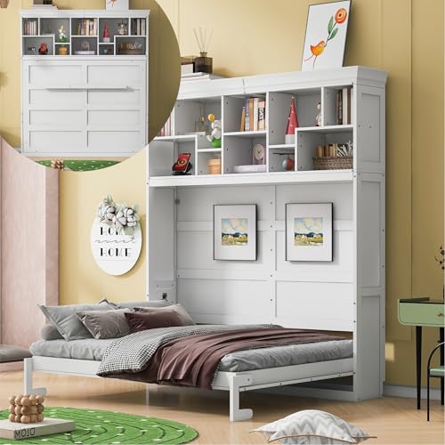 Merax Modern Farmhouse Solid Wood Murphy Cabinet Bed with Top Shelves & USB Charging, Tall Wall Platform Bed No Box Spring Needed/Easy Assemble Queen,White Merax