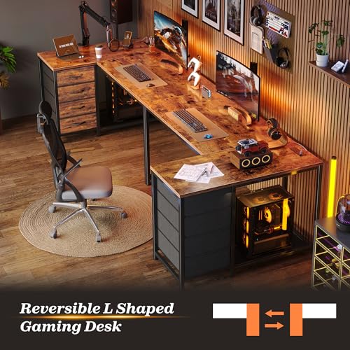 PRAISUN 43.3" Small Computer Desk with Power Outlets and USB-C Port, Reversible L Shaped Corner Office Desk with 4 Fabric Drawers and 2 Height-Adjustable Shelves, for Gaming Writing, Rustic Brown PRAISUN