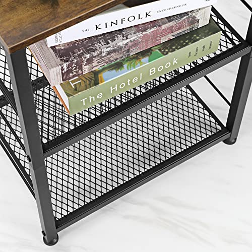 OYEAL Night Stand Industrial End Table with Storage Shelf Farmhouse Sofa Side Table for Small Spaces, Bedside Table for Living Room Bedroom, Stable Metal Frame,Rustic Brown OYEAL